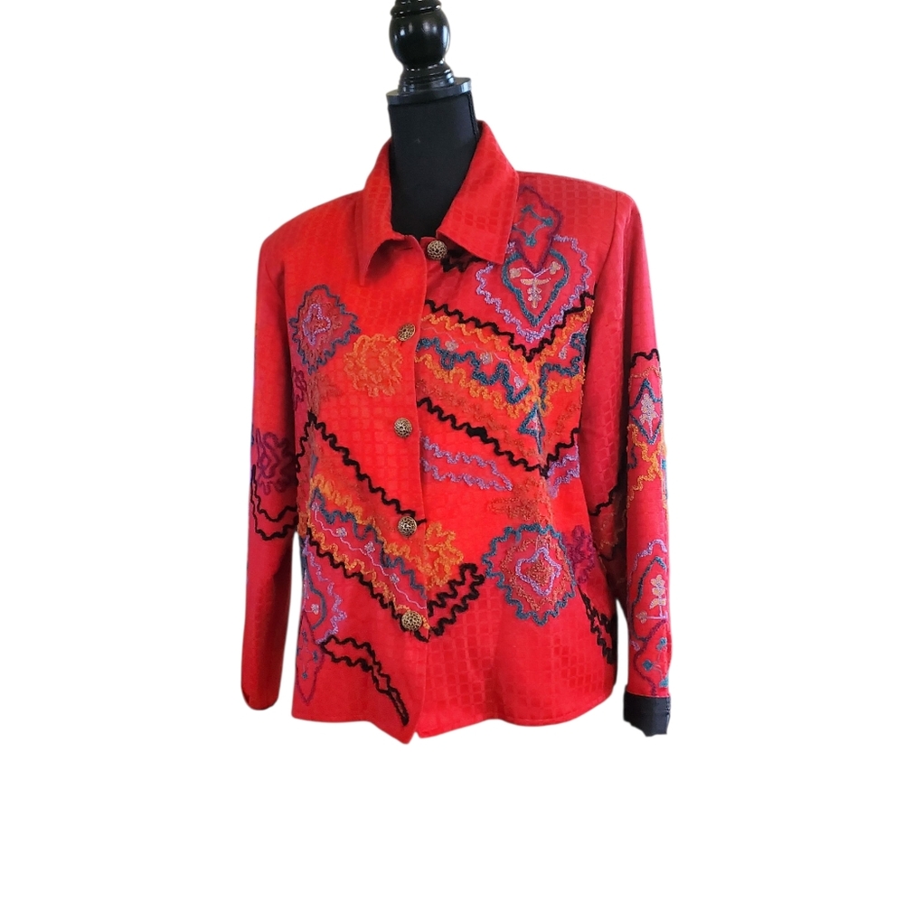 Vintage Alex Kim lined embroidered cotton red jacket size M Office to Evening